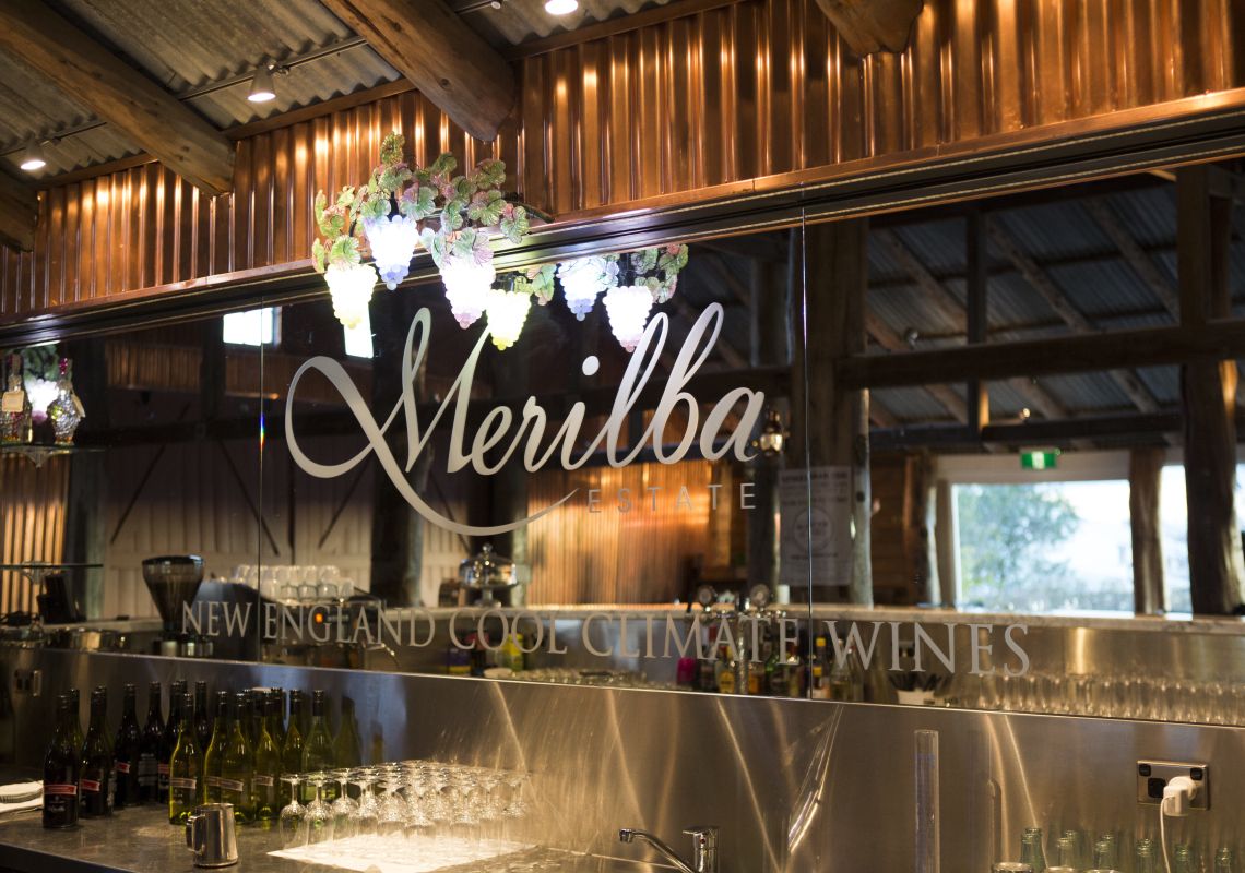 Behind the bar signage at Merilba Estate Wines in Uralla,Tamworth Area, Country NSW
