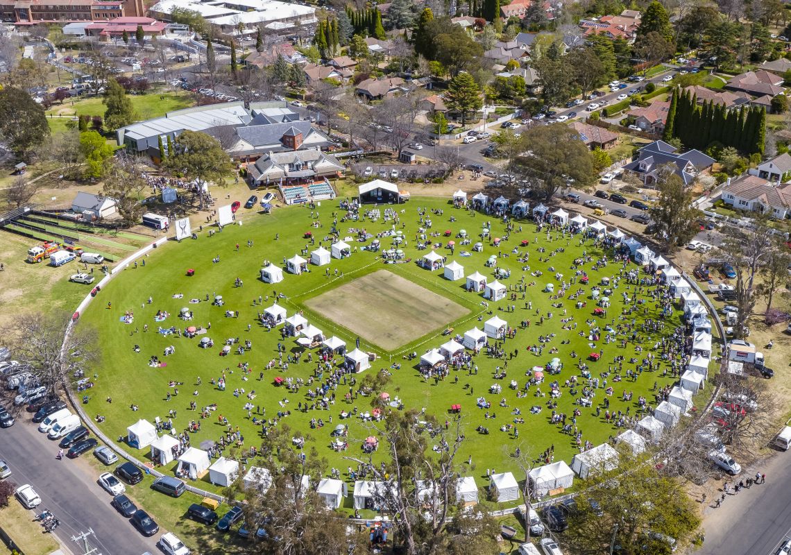 Aerial view overlooking the Southern Highlands Food and Wine Festival 2018 held at the iconic Bradman Oval, Bowral, Southern Highlands