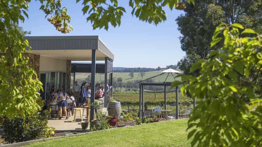 Patrons enjoying food and wine at Courabyra Wines, Tumbarumba with scenic views over the vineyards