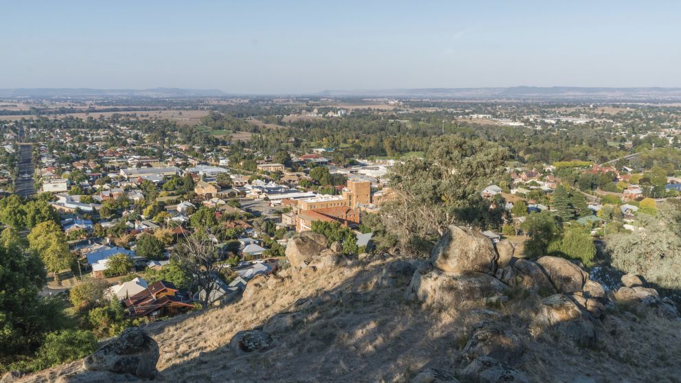 Scenic views overlooking the Cowra township from Bellevue Hill Lookout in Cowra, Country NSW