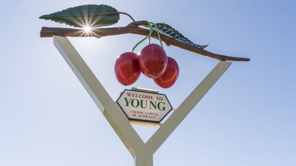 Sign welcoming visitors to Young, the cherry capital of Australia 