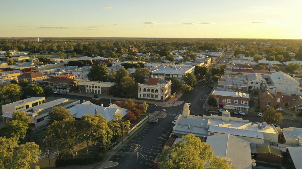 Aerial overlooking the town of Moree in Moree and Narrabri Area, Country NSW