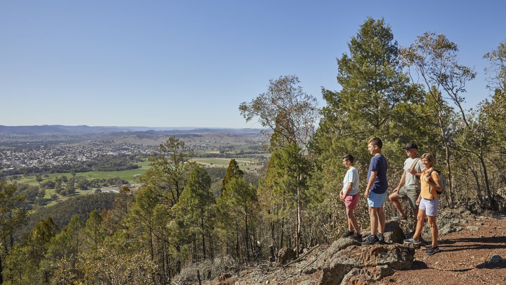 Family enjoying a hike through Mount Arthur Reserve near Wellington, Dubbo, Country NSW