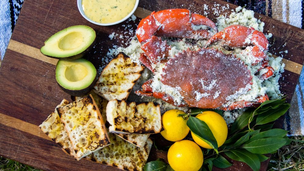 Salt-baked mud crab with tarragon mayo and avocado. Image Credit: Taste of Australia with Hayden Quinn