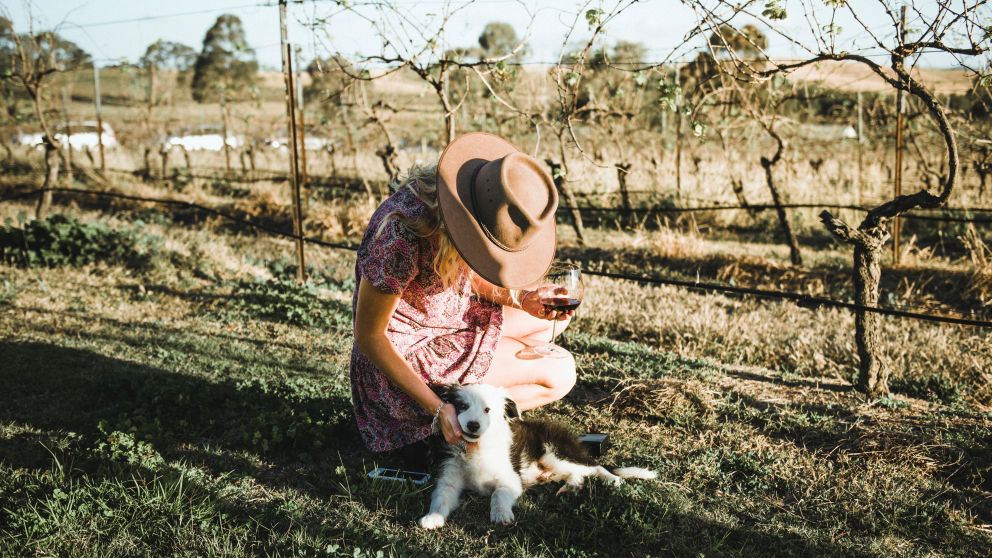 Woman patting the resident wine dog at Blueberry Hill Wines, Rothbury