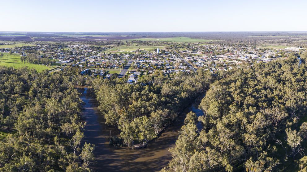 Aerial overlooking the town of Balranald in the Riverina district, The Murray