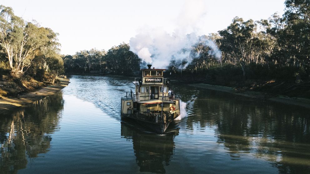 Paddlesteamer Emmylou cruising along the Murray River near Echuca-Moama, The Murray