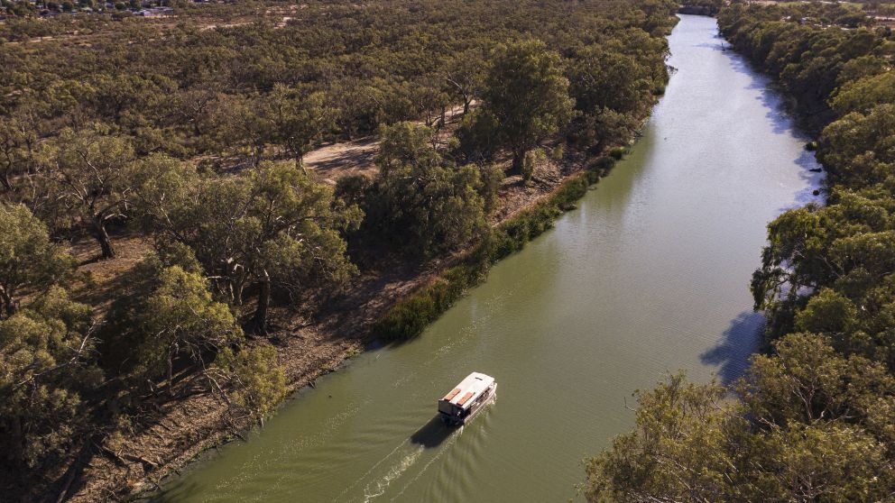 Aerial overlooking the River Lady Tours vessel on the Darling River, Menindee.