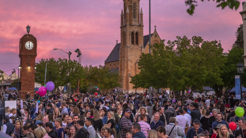 Crowds enjoying the Flavours of Mudgee Street Fair during the 2018 Mudgee Food + Wine Festival in Mudgee, Country NSW