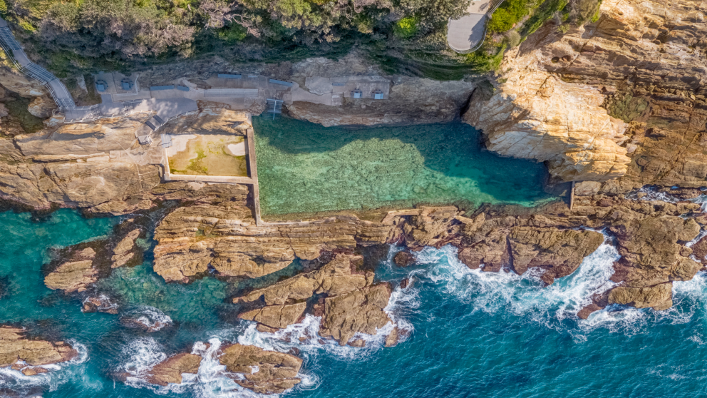 Aerial of the Blue Pool situated along the Bermagui coastline 