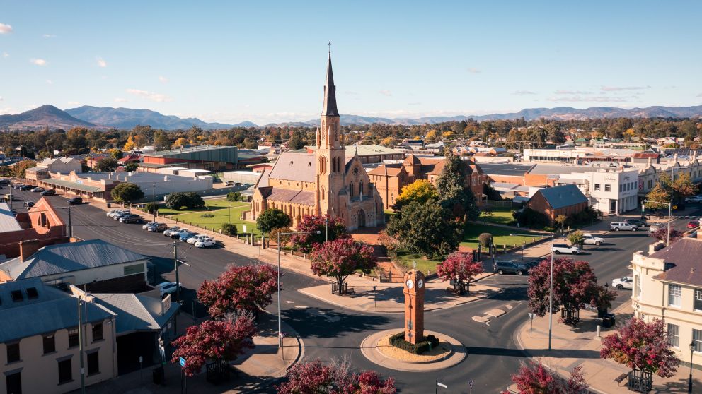 The Mudgee WWII Memorial Clock at the roundabout intersection of Church and Market Streets, Mudgee
