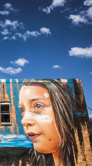 Street art adorning buildings in Katoomba, Blue Mountains