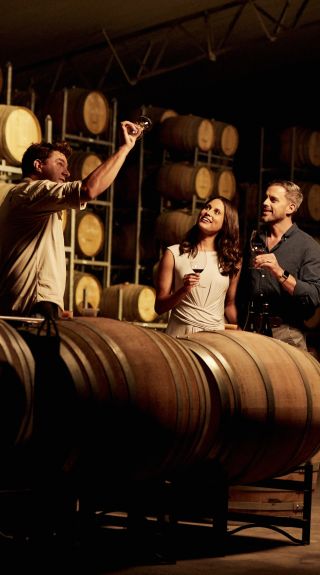 Couple enjoying a wine tasting experience with chief winemaker Stuart Hordern at Brokenwood Wines in Pokolbin, Hunter Valley