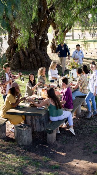 Friends enjoying food and drink at Tinklers Wine in Pokolbin, Hunter Valley