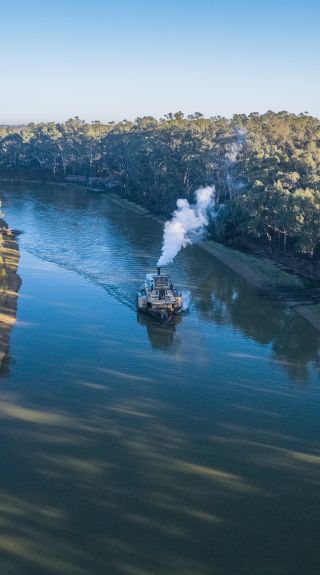 Paddlesteamer Emmylou cruising along the Murray River near Echuca-Moama