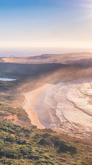 Sun rising aerial view, The Farm, Killalea State Park