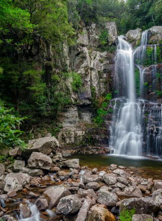 Lower Minnamurra Falls plunges into a creek in Budderoo National Park in Jamberoo, Kiama Area, South Coast