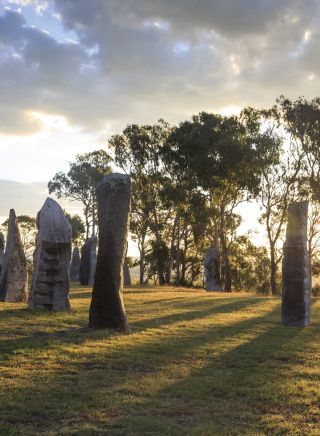 Sun shining over the Australian Standing Stones in Glen Innes, Country NSW