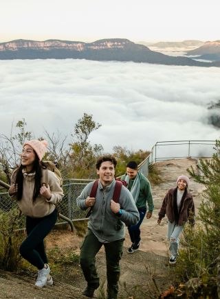 Young people on a hike at Olympian Rock Lookout, Blue Mountains National Park