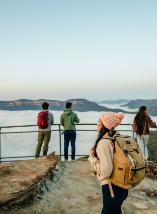 Young people enjoying view of Olympian Rock Lookout, Blue Mountains National Park
