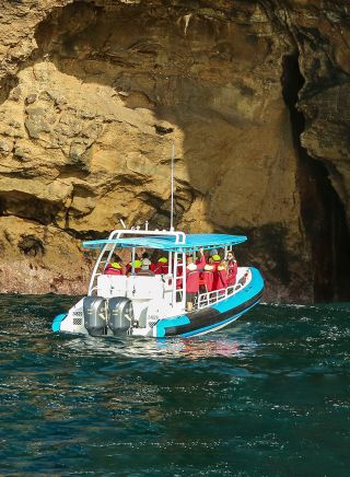 CBoat outside a sea cave, CoastXP boat tour, Lake Macquarie