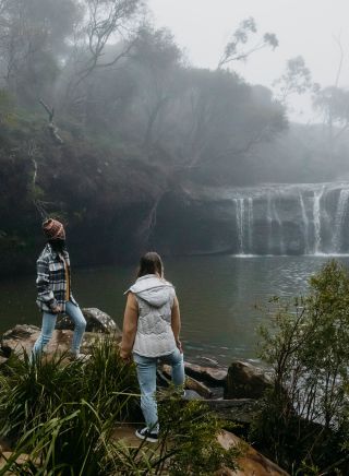 三個朋友在卡靈頓瀑布散步，布德羅國家公園 (Budderoo National Park）