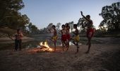 Men from the Barkindji Nation dancing besides the Darling River, Wilcannia