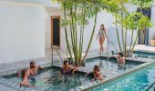 Friends enjoy a dip in the pool , The Banya, Mullumbimby