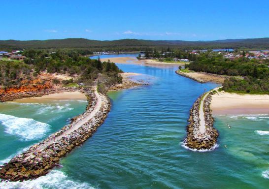Aerial view of Evans River break walls and estuary, Evans Head