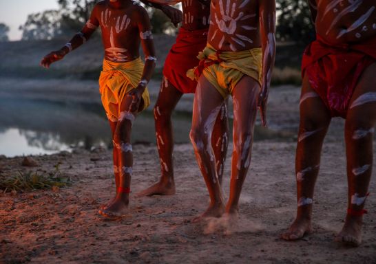 Men from the Barkindji Nation dancing besides the Darling River, Wilcannia, Outback