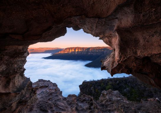 Morning fog over Blue Mountains National Park as seen from Lincolns Rock in Wentworth Falls.