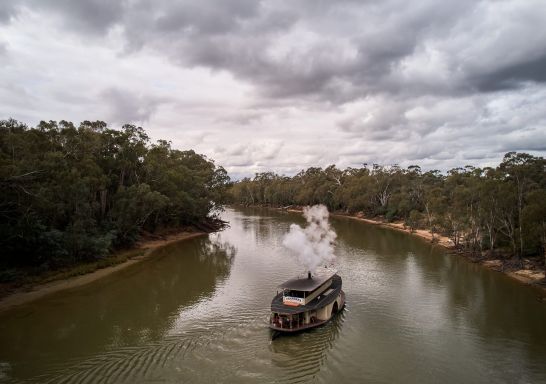 Ein Schaufelraddampfer fährt den Murray River entlang, Murray River Paddle Steamers, Echuca
