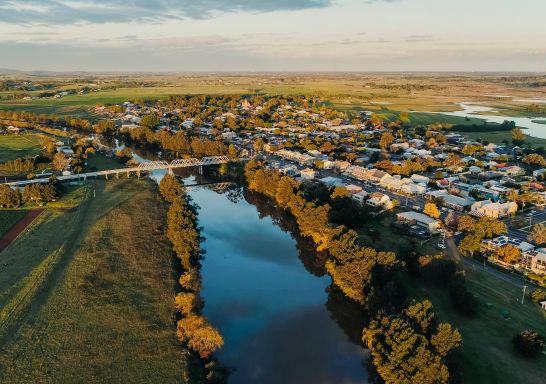 Aerial view of lake and brdge at sunset, Hunter River, Morpeth - Credit: Newy Digital | Maitland City Council 